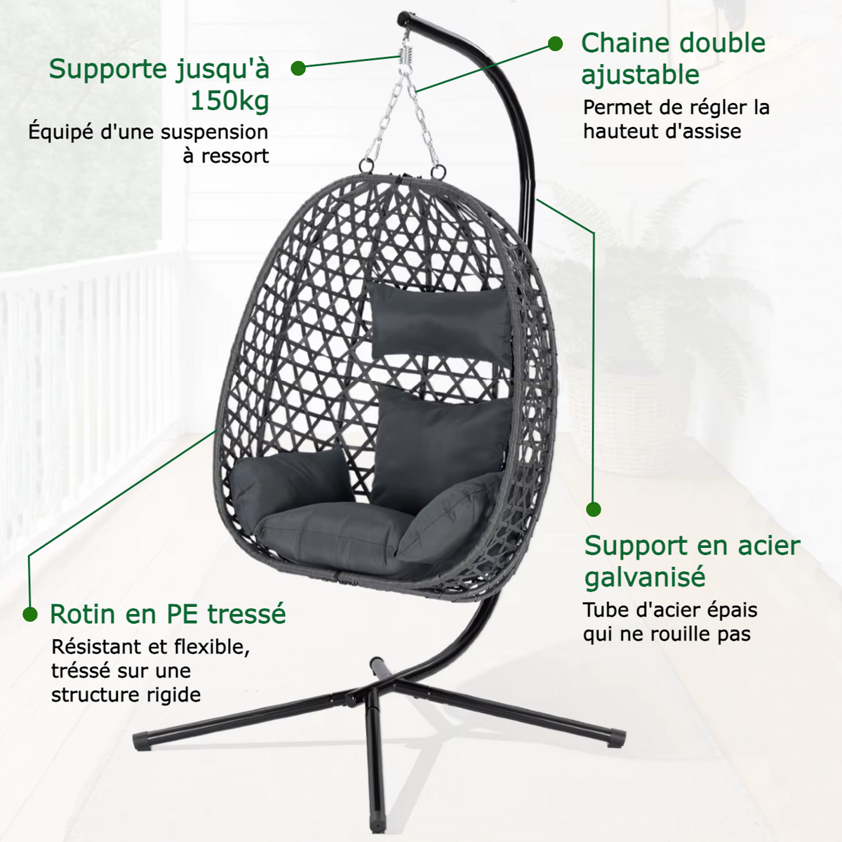 Braided hanging egg chair - with stand | Dana
