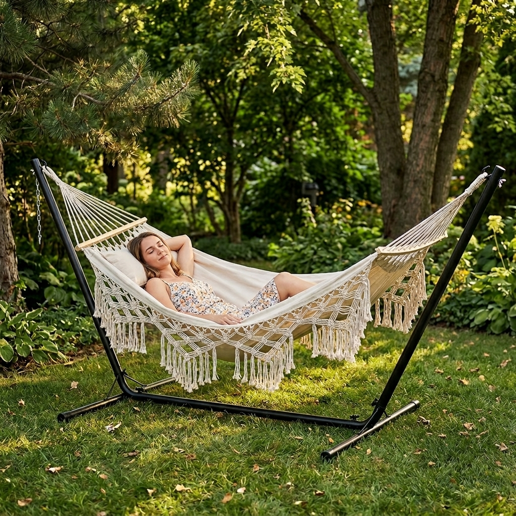 Beige Macrame Hanging Hammock for 2 People | Bohemian