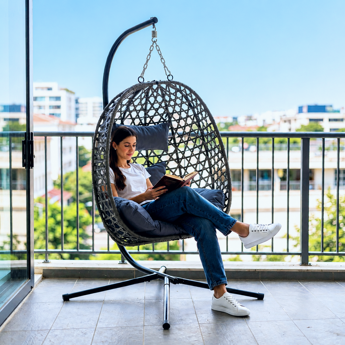 Braided hanging egg chair - with stand | Dana