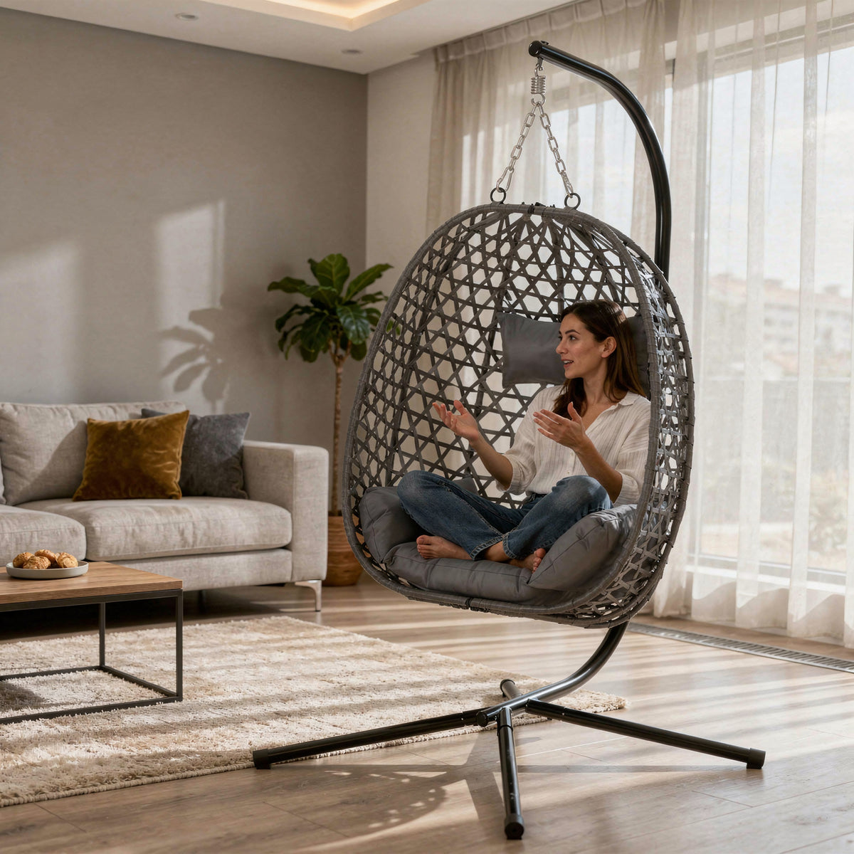 Braided hanging egg chair - with stand | Dana